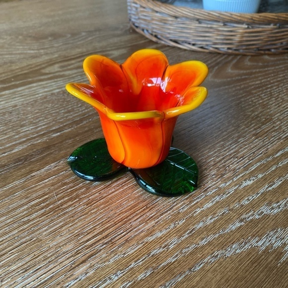 Hand Blown Art Glass Red/ Orange/Yellow Flowers Tulip Votive Candle Holder VTG - Picture 5 of 6
